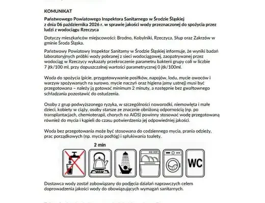 Bakterie grupy coli w wodzie w gminie Środa Śląska. Mieszkańcy pięciu miejscowości muszą przegotowywać wodę