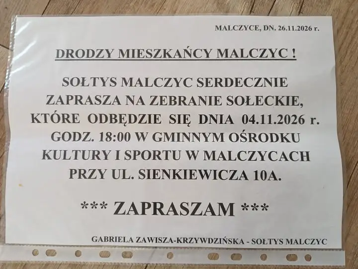 Zebranie sołeckie w Malczycach – sól drogowa zamiast lamp solarnych