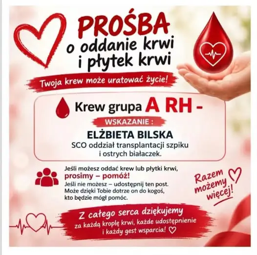 Apel o krew i płytki krwi dla nauczycielki Elżbiety Bilskiej